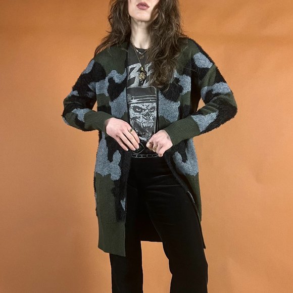 Fuzzy Camo Printed Open Long Cardigan Sweater - Grunge, 90s, 00s - Size XS - Picture 2 of 13